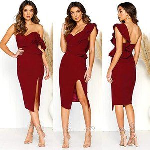 NEW ECOWISH Women's Dresses Sexy Ruffle One Shoulder Sleeveless Split